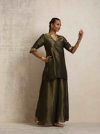 trueBrowns Olive Green Tissue Sharara Set | Grocsy