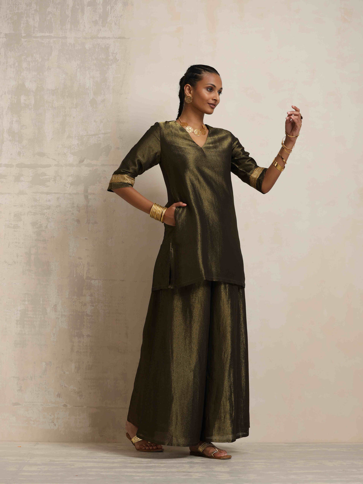 trueBrowns Olive Green Tissue Sharara Set | Grocsy