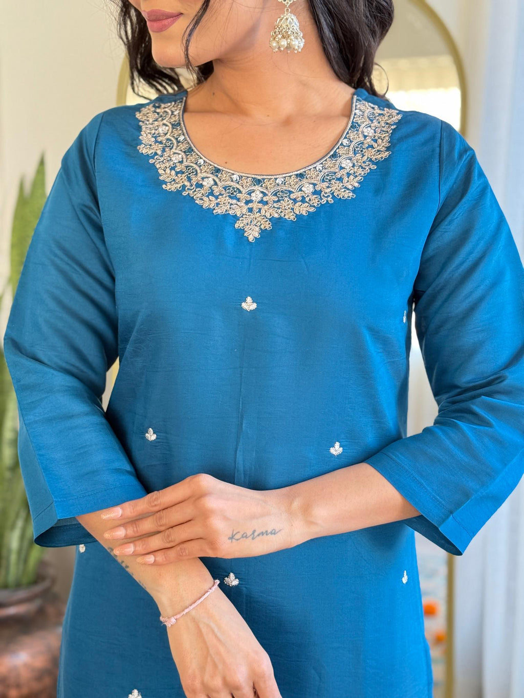 The52 Women's Beautiful Roman Silk Embroidered Straight Kurta with Pant And Dupatta Set | Grocsy