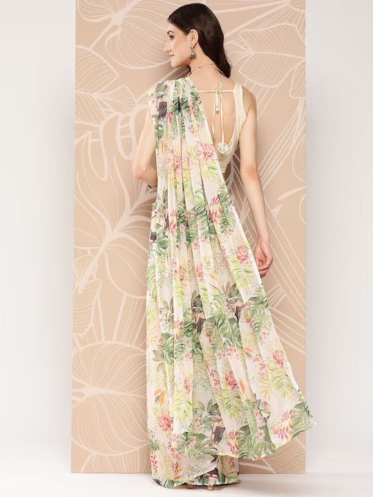 Ahalyaa Floral Printed Poly Chiffon Saree | Grocsy