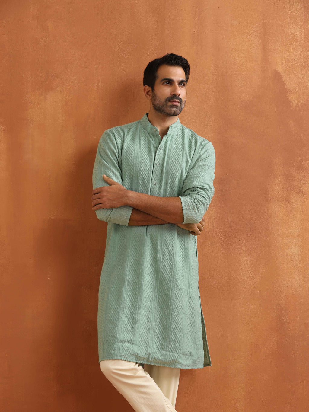 trueBrowns Men's Green Cotton Dobby Kurta | Grocsy