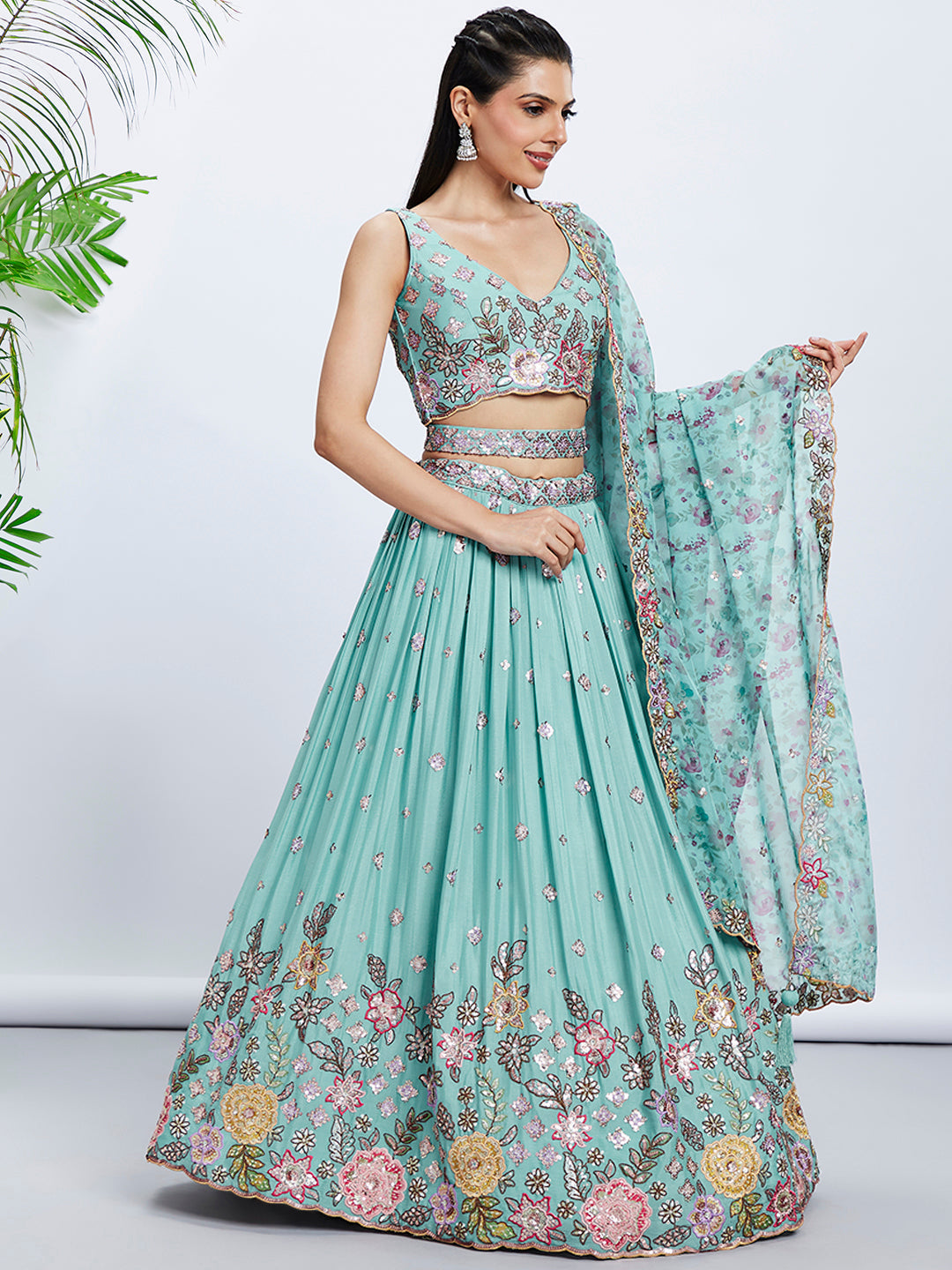House of Panchhi Mauve Chiffon Sequins And Thread Embroidery Lehenga Choli & Dupatta | Grocsy