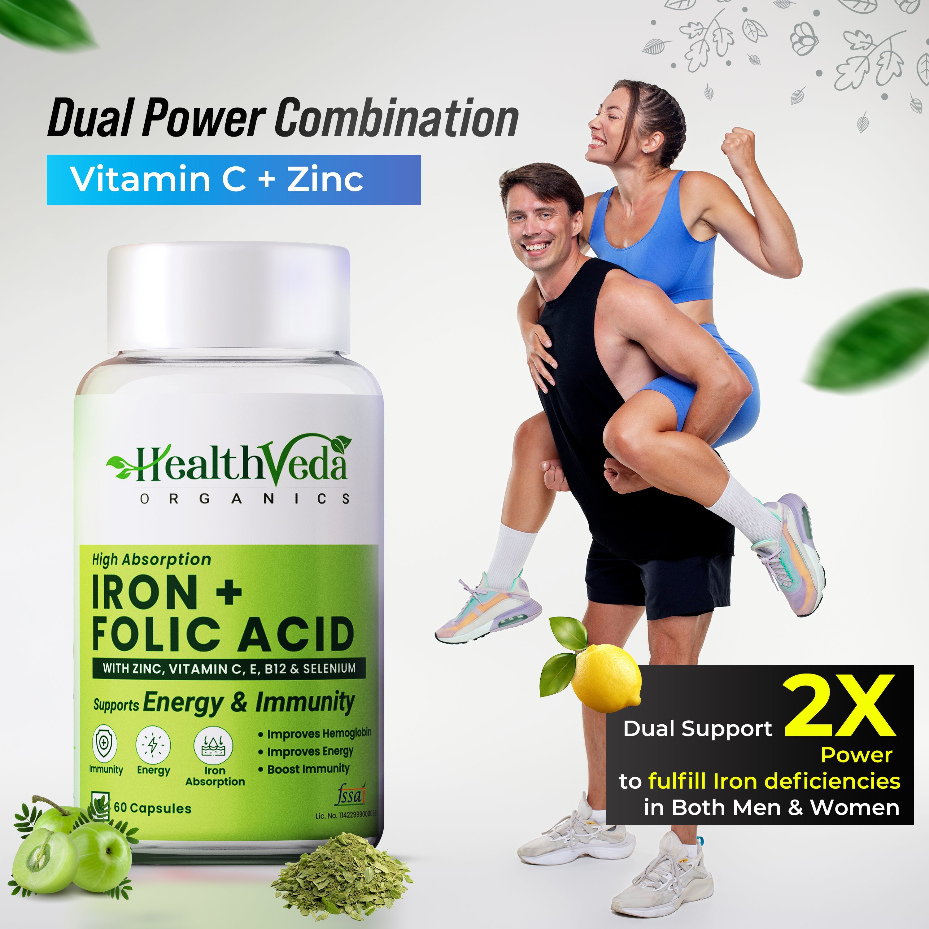 Health Veda Organics Iron + Folic Acid Capsules | Grocsy