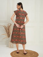 InWeave Women's Green Red Mughal Kalamkari A Line Dress | Grocsy