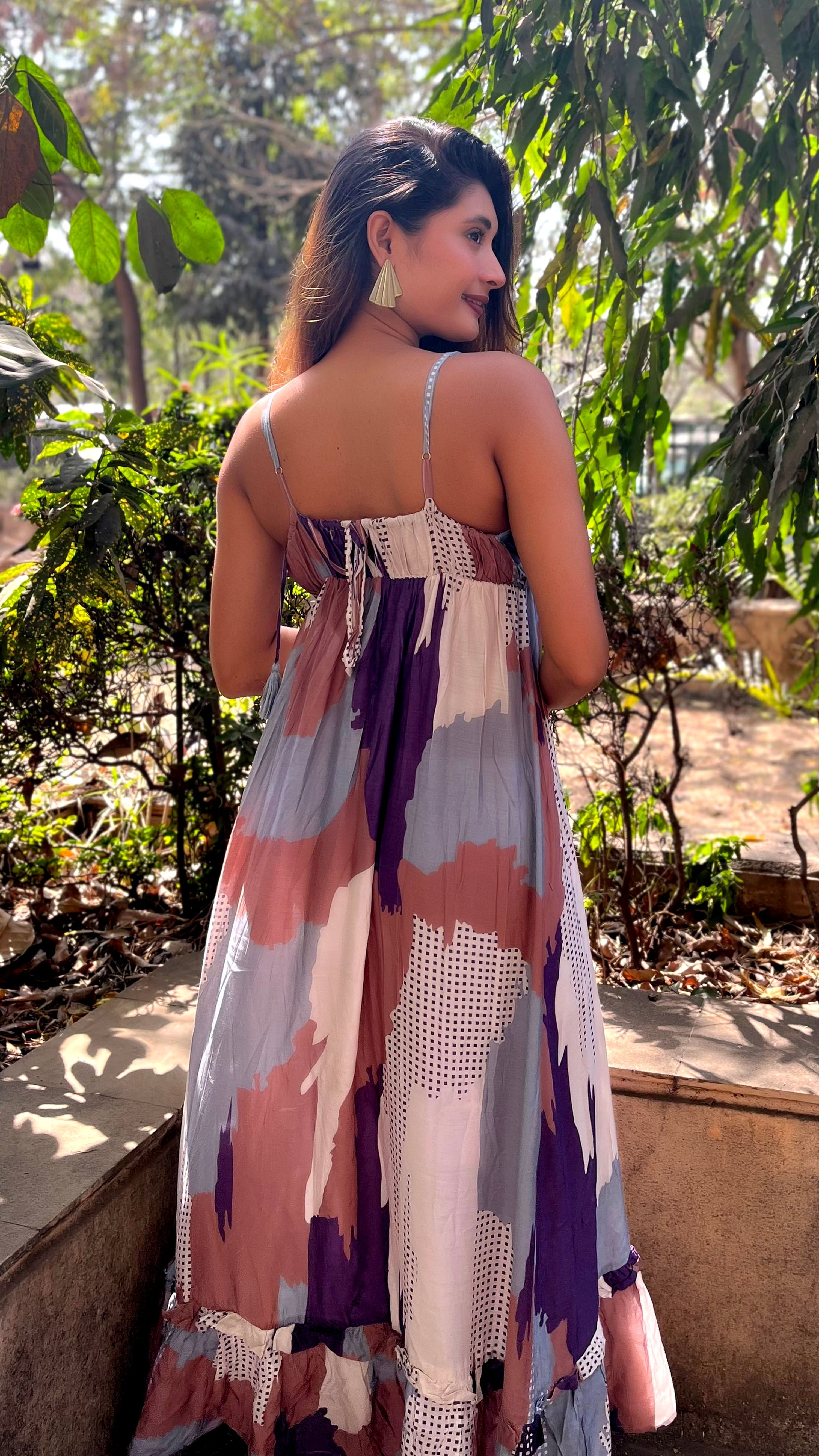 Noroke Pure Muslin Abstract Long Ruffled Tiered Dress - Printed | Grocsy