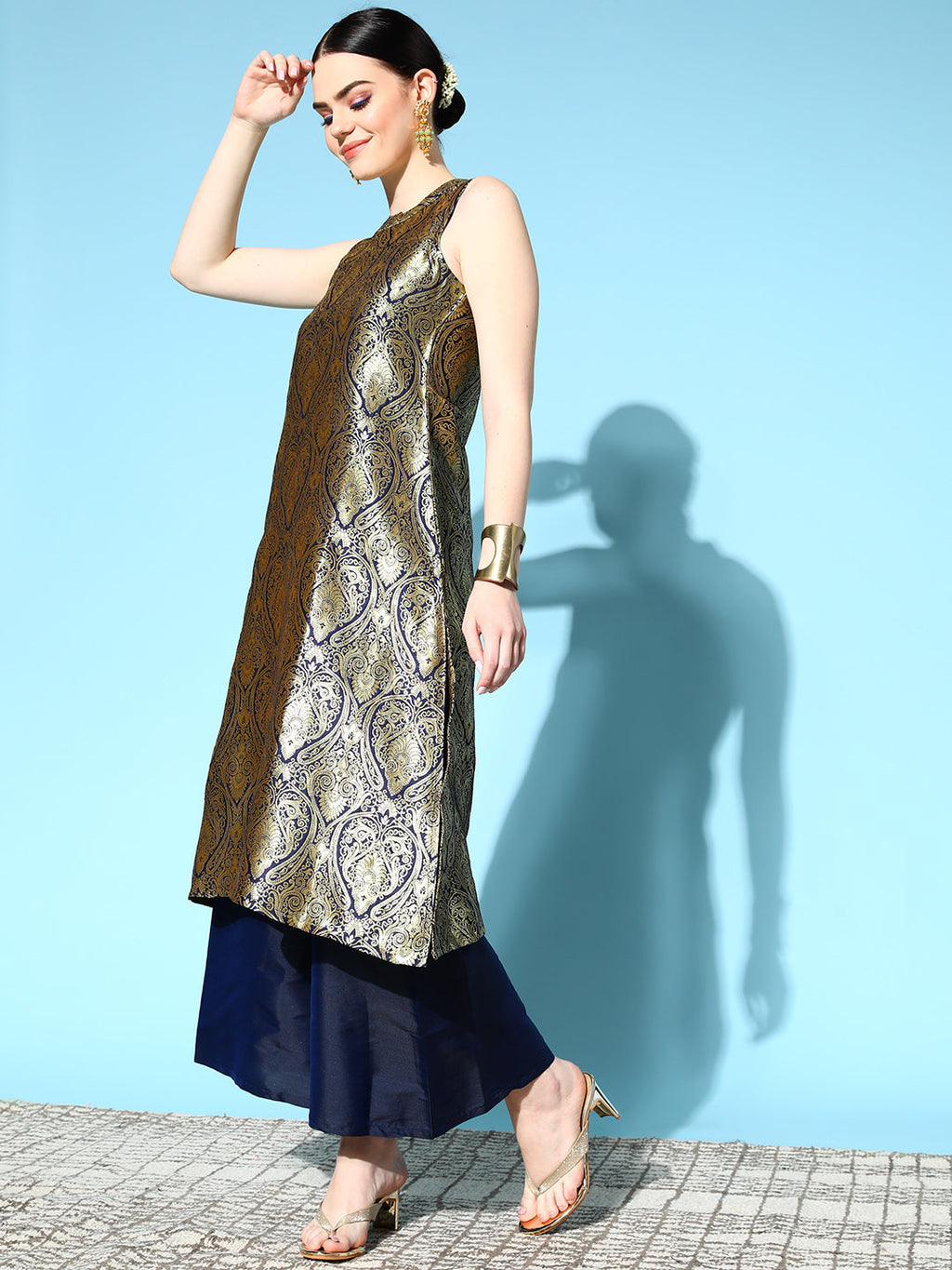 InWeave Women's Blue Banarasi Halter Kurta Set With Golden Dupatta | Grocsy