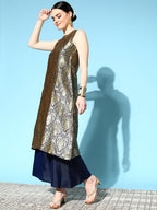 InWeave Women's Blue Banarasi Halter Kurta Set With Golden Dupatta | Grocsy