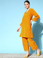 InWeave Women's Mustard Velvet Kurta Set With Mustard Gold Dupatta | Grocsy