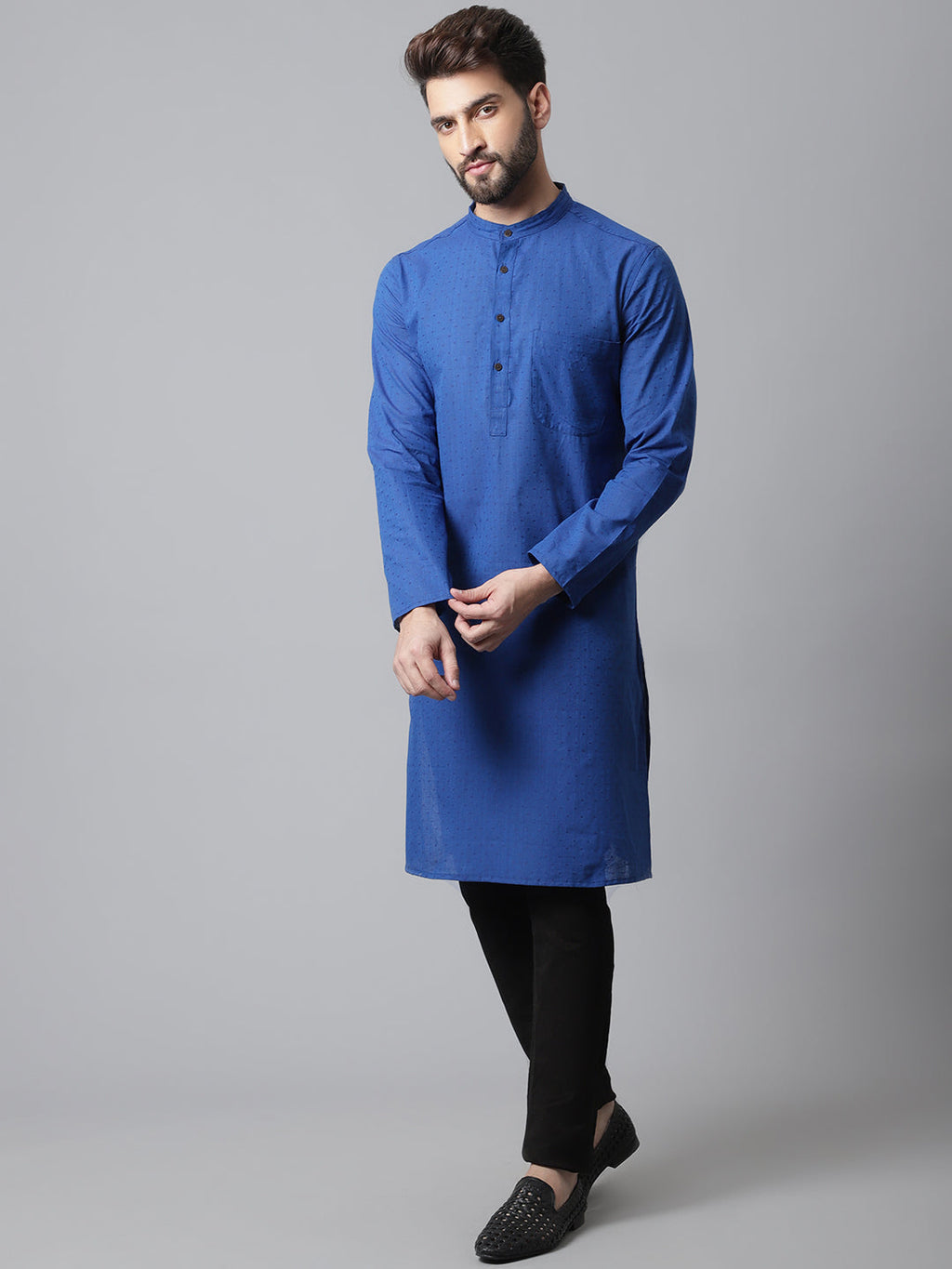 Even Apparels Blue Solid Kurta With Band Collar | Grocsy