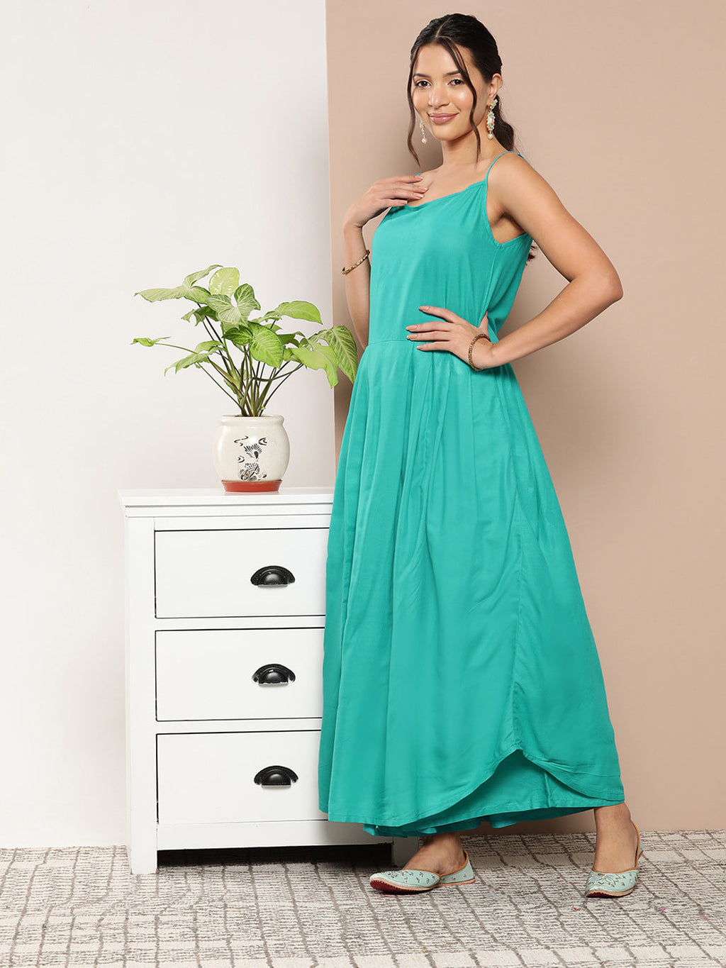 InWeave Women's Teal Blue Strappy Set With Blue Yellow Floral Cape | Grocsy