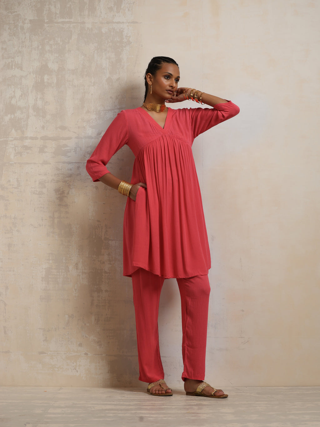 trueBrowns Peach Crinkle Flared Kurta Co-ord Set | Grocsy