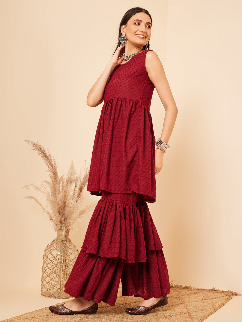 InWeave Women's Carmine Maroon Lace Work Double Layer Sharara Set | Grocsy