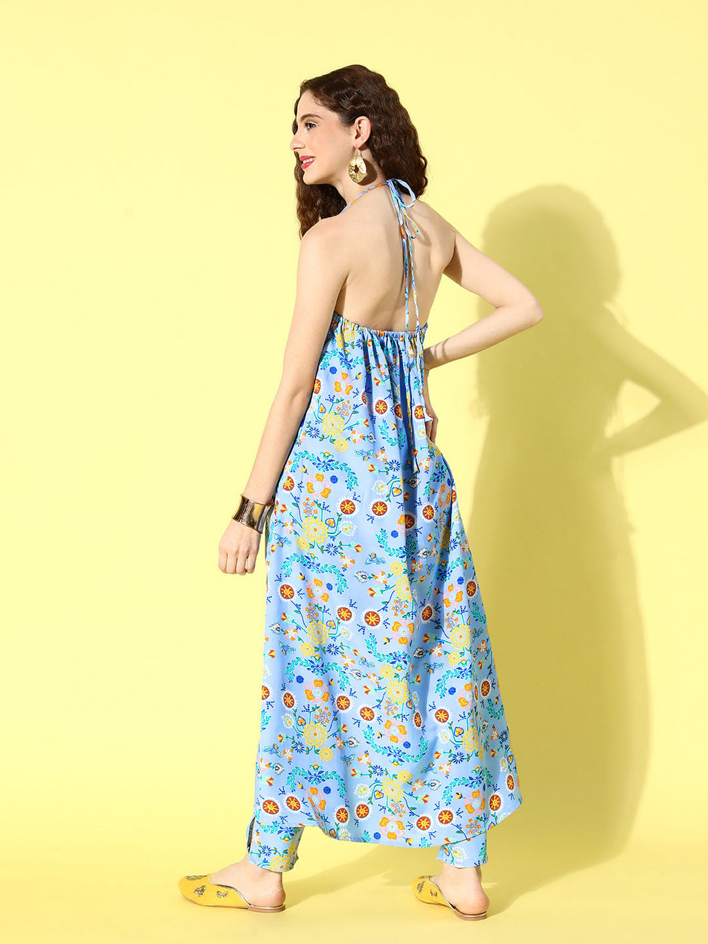 InWeave Women's Sky Blue Print Backless Long Kurta Pant Set | Grocsy