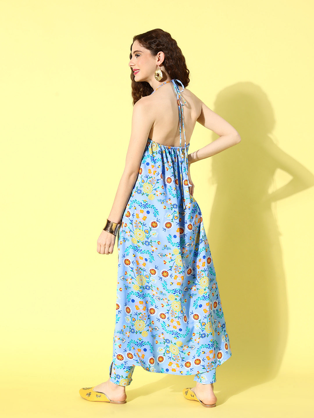 InWeave Women's Sky Blue Print Backless Long Kurta Pant Set | Grocsy