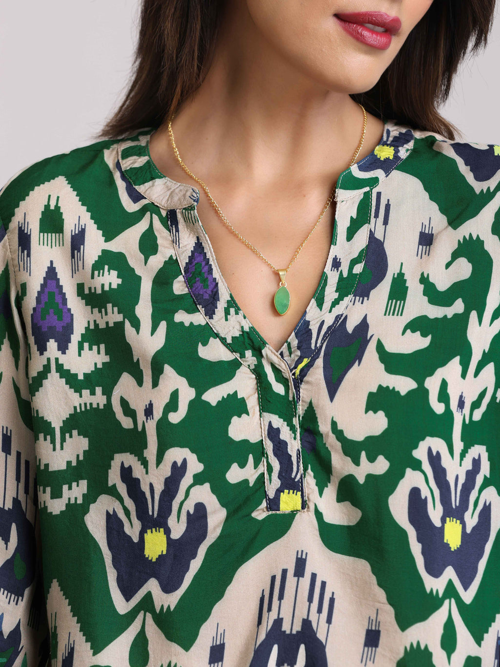 trueBrowns Green Muslin Ikat Shirt Blouse | Grocsy