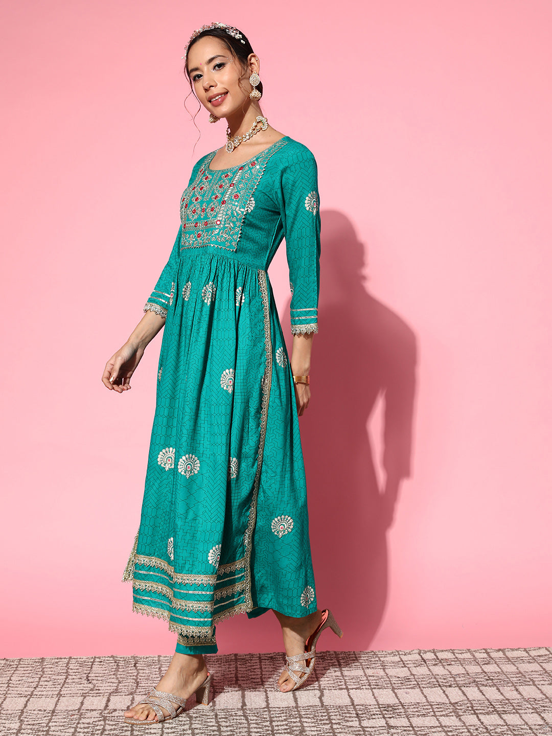 InWeave Women's Teal Nyra Cut Embroidered Kurta Set With Dupatta | Grocsy