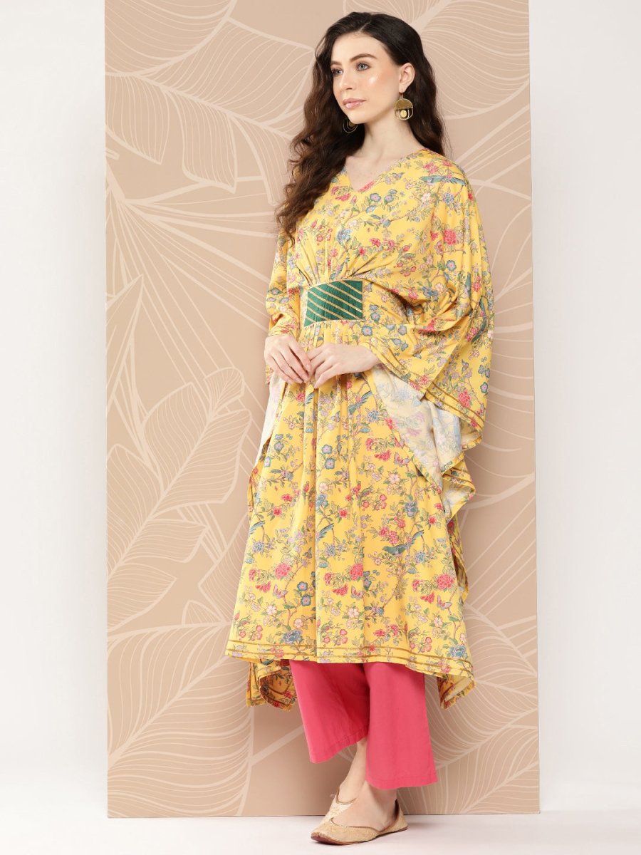 Ahalyaa Women Floral Printed Flared Sleeves Gotta Patti Floral Crepe Kaftan Kurta | Grocsy