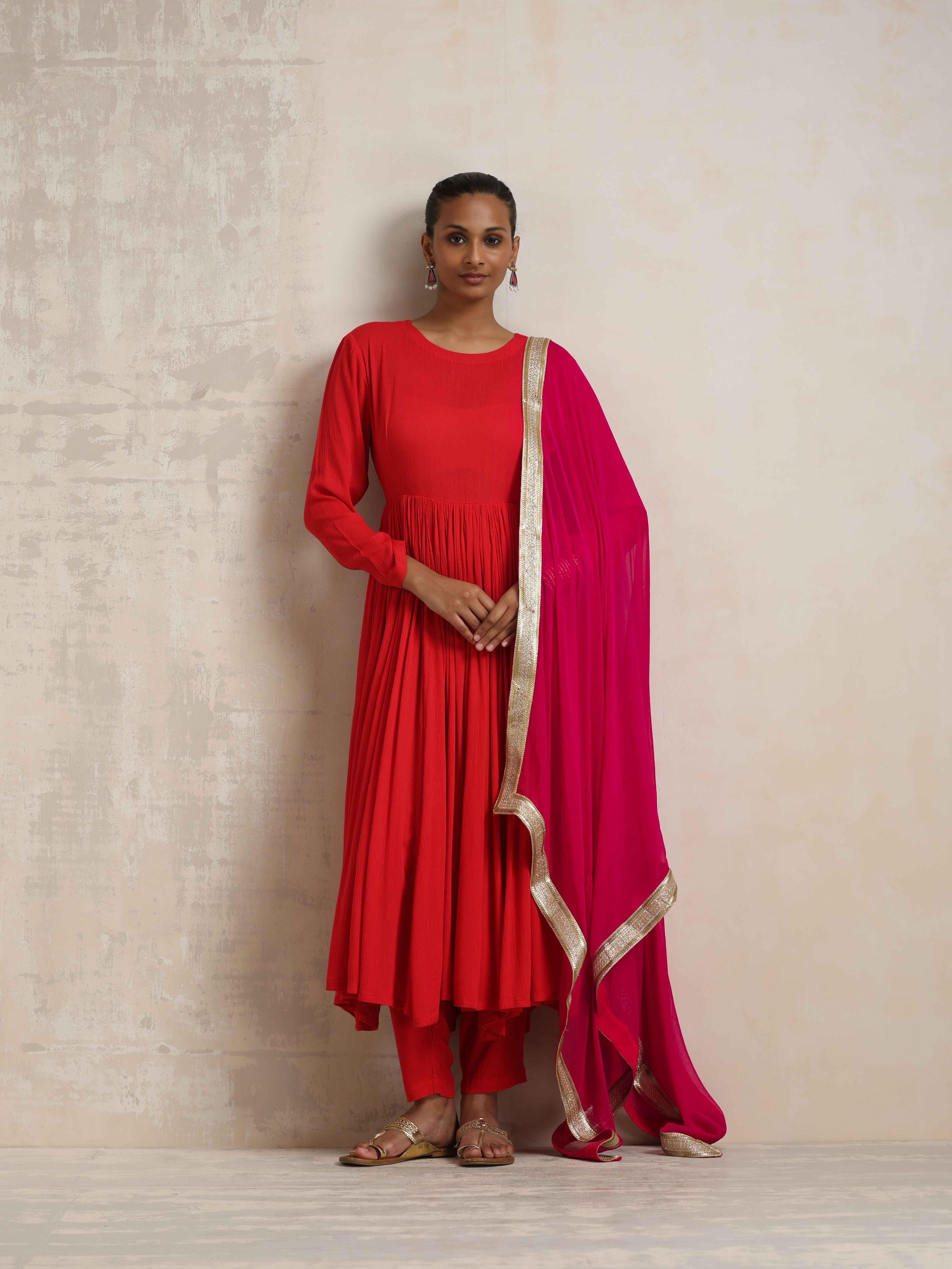 trueBrowns Red Crinkle Anarkali Kurta Pant Dupatta Set | Grocsy