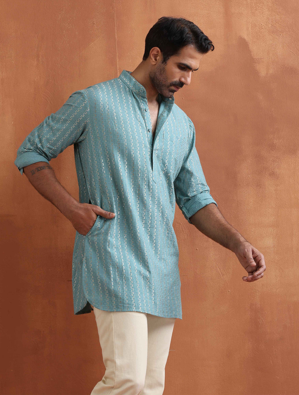 trueBrowns Men's Green Cotton Dobby Short Kurta | Grocsy