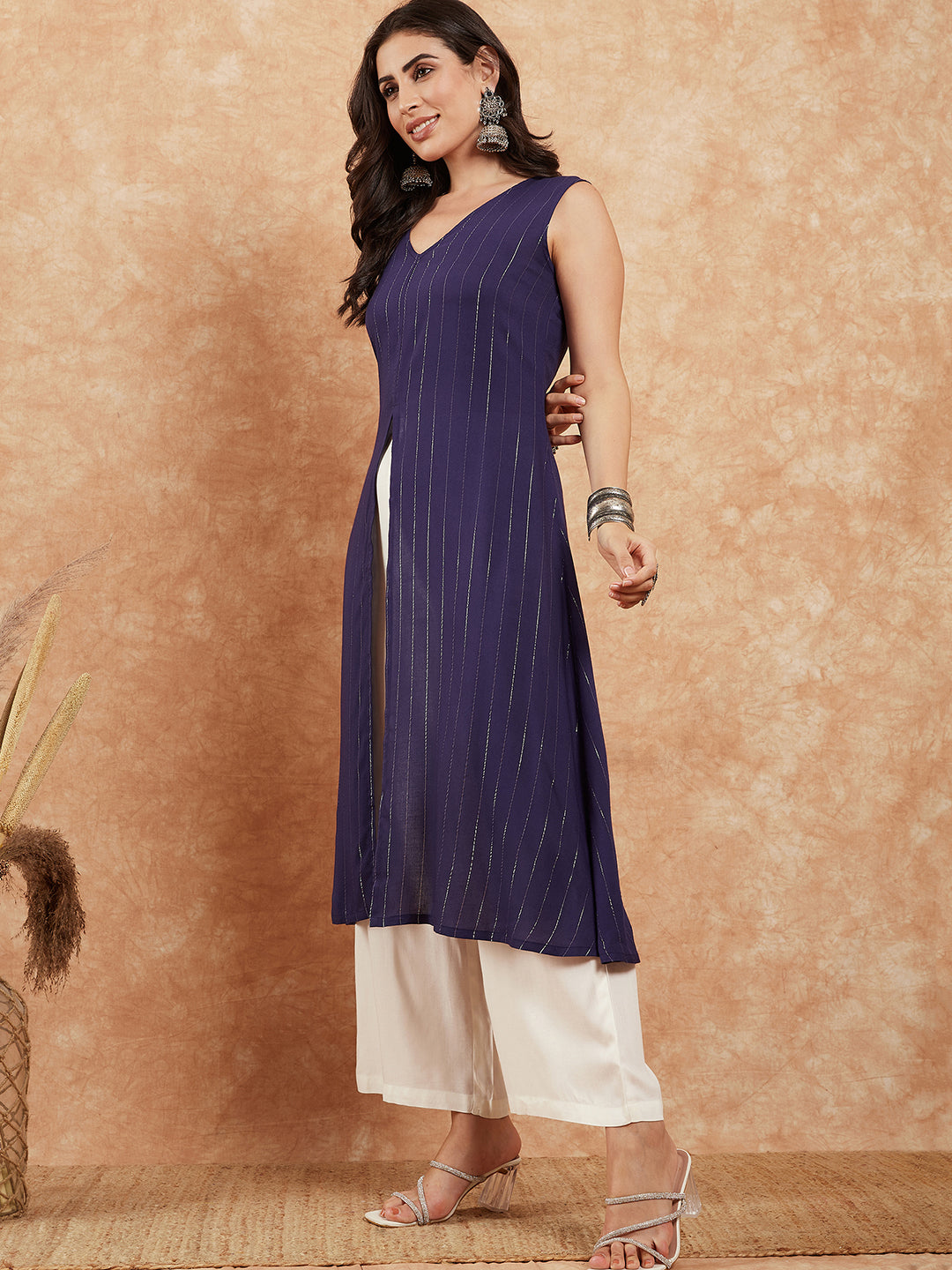 InWeave Royal Blue Lurex V-Neck W/S Front Slit Kurta Pant Set | Grocsy