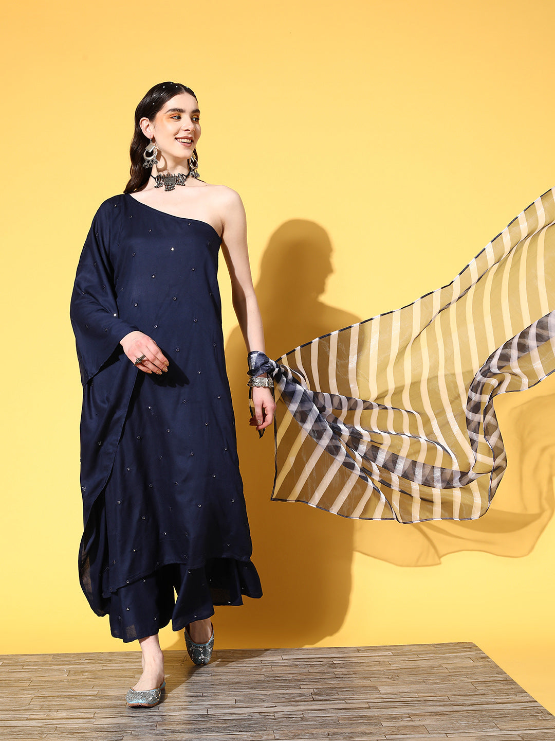 InWeave Women's Navy Mirror Work One Shoulder Kurta Set With Dupatta | Grocsy