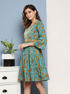 InWeave Women's Blue Mustard Print Short Dress | Grocsy