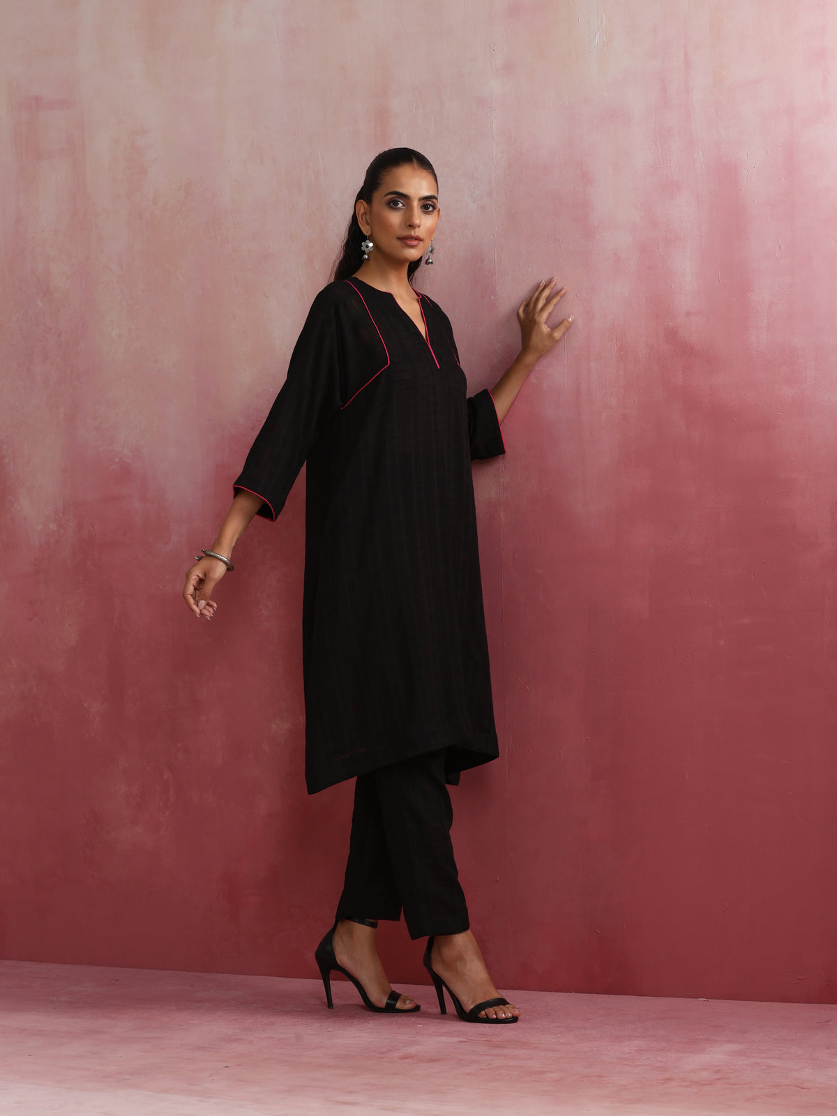 trueBrowns Black Cotton Dobby Kurta Co-ord set | Grocsy