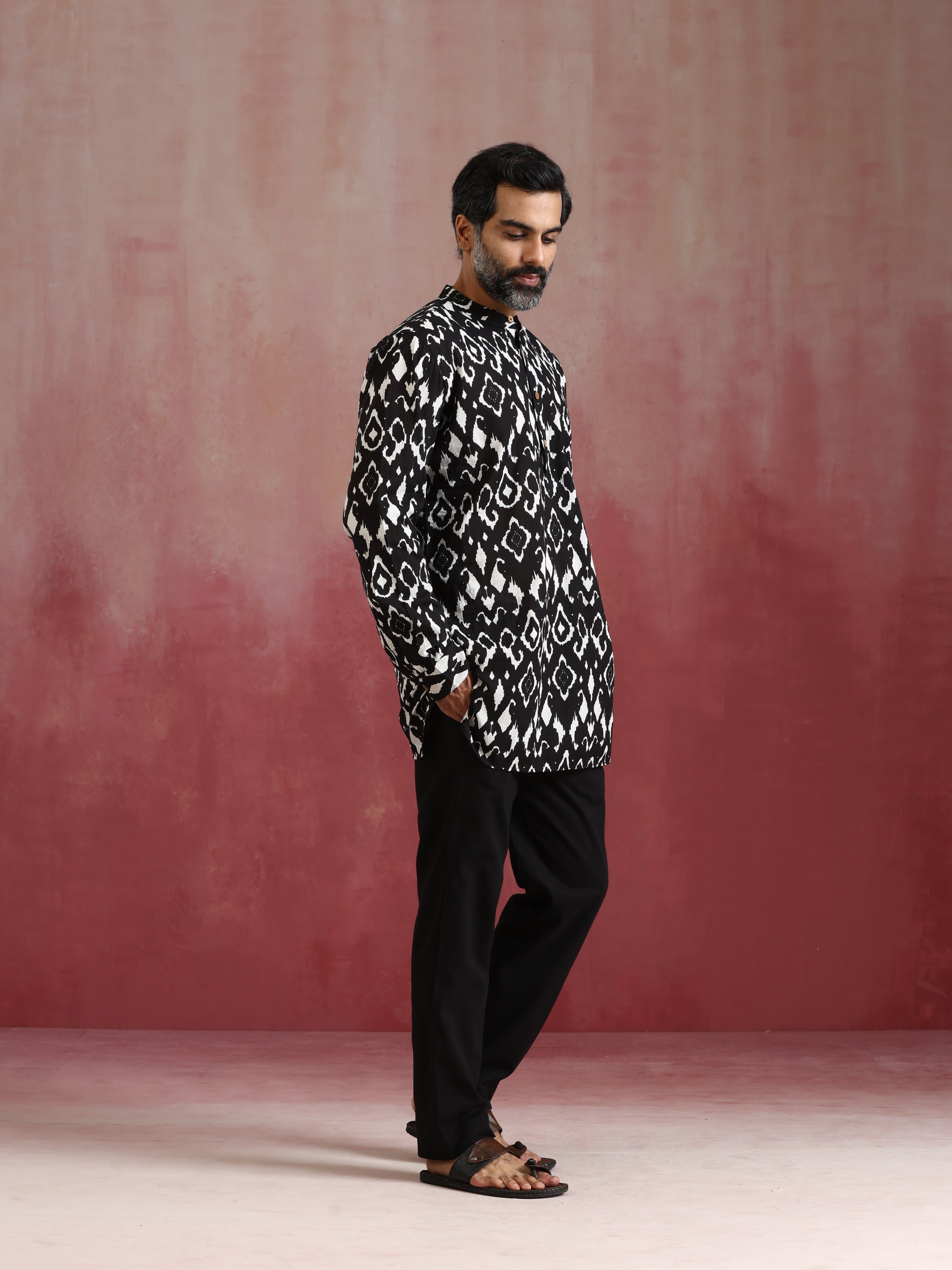 trueBrowns Men's Black Ikat Print Mandarin Collar Kurta Co-ord set | Grocsy
