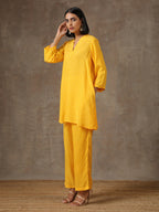 trueBrowns Yellow Bandhani Flare Printed Silk Co-Ord Set | Relove | Grocsy