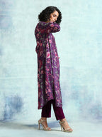trueBrowns Wine Printed Velvet Neck Pleat Kurta | Grocsy
