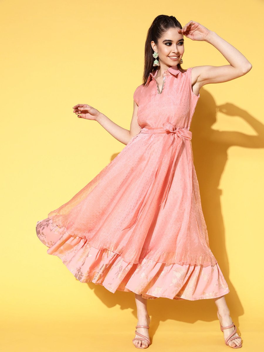 Ahalyaa Belted Tiered Empire Ethnic Dress | Grocsy