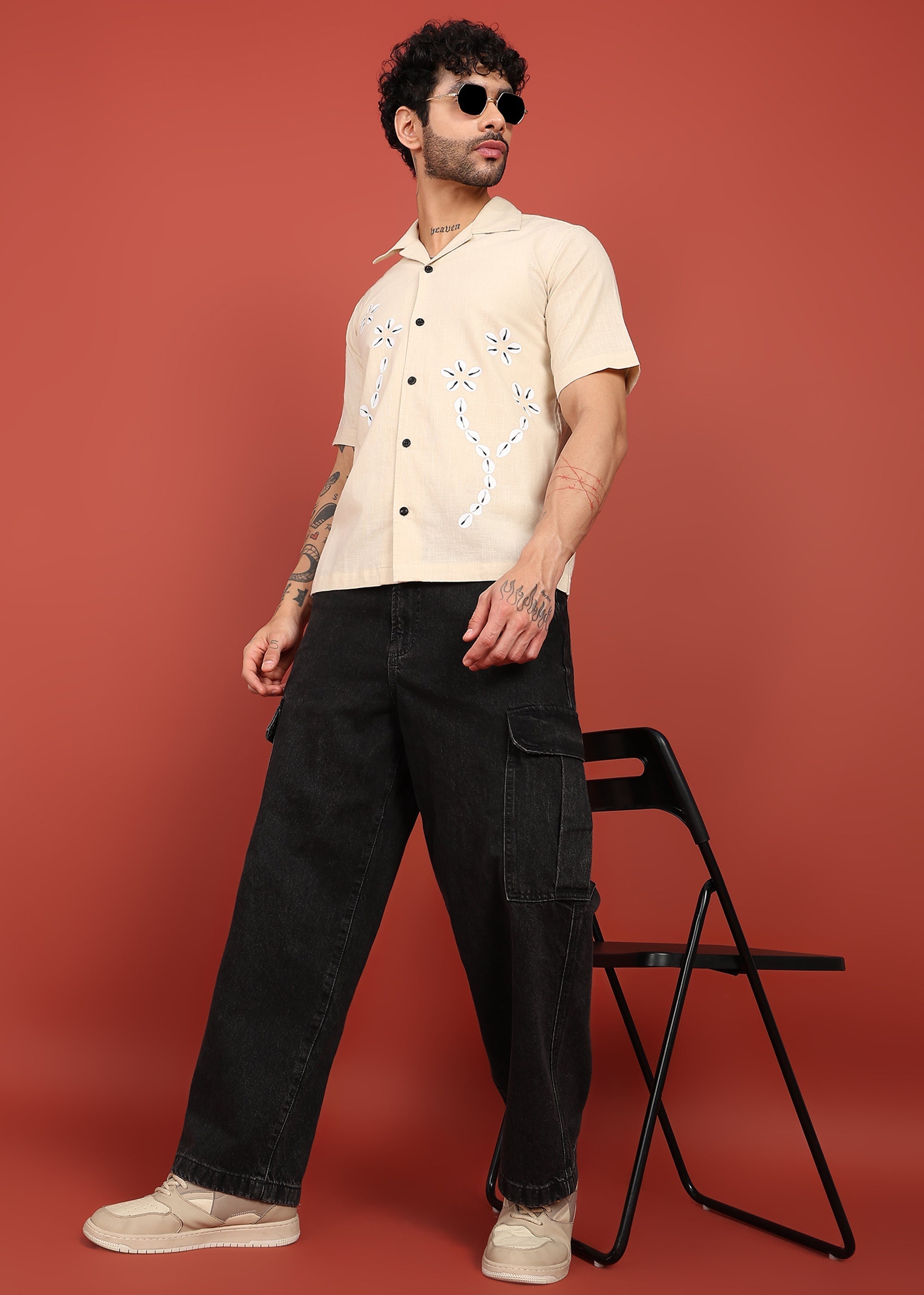 Fabmade Men’S Beige Linen Embroidered Resort Shirt | Grocsy