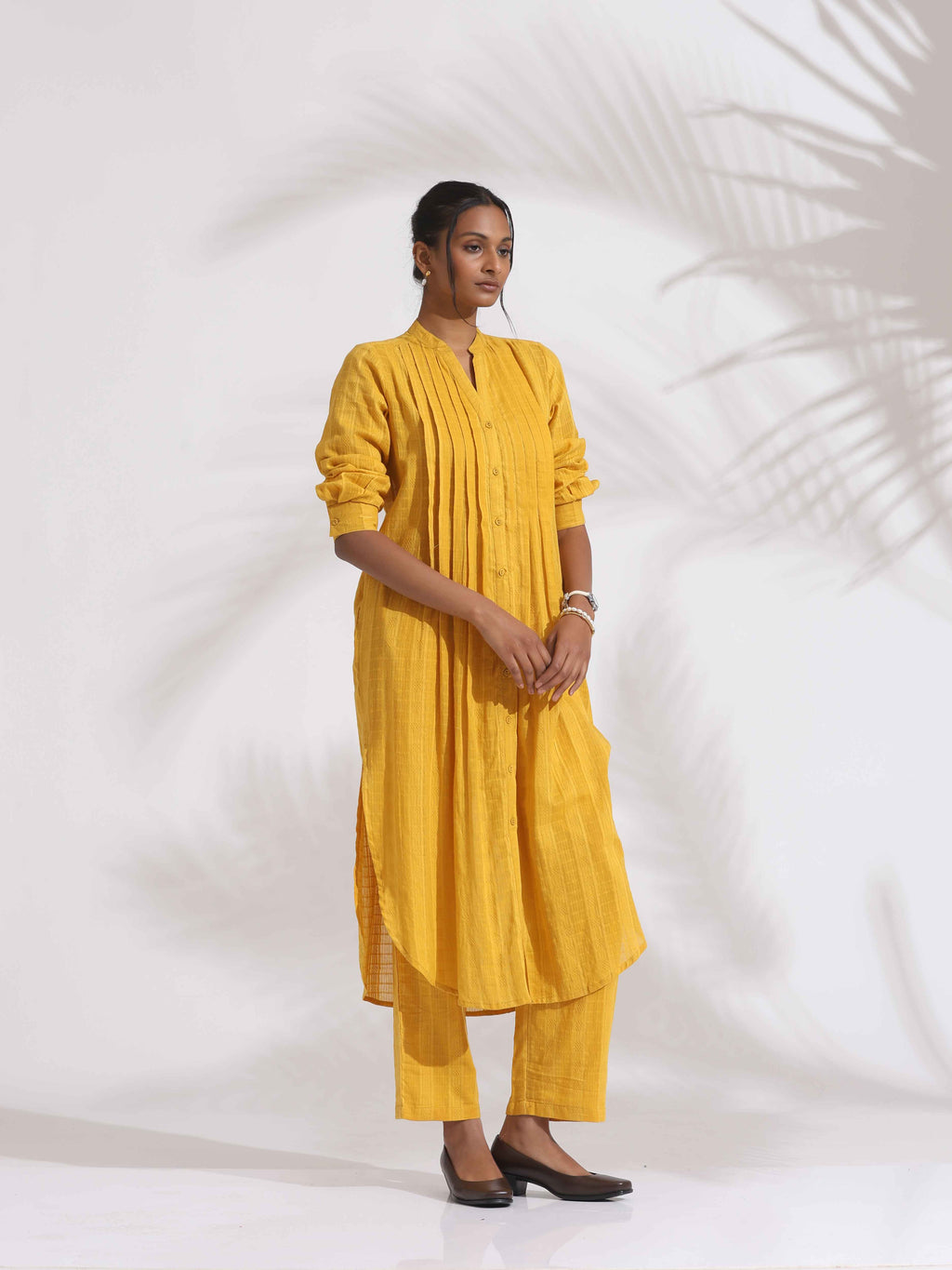 trueBrowns Yellow Cotton Pleated Shirt Kurta Set | Grocsy