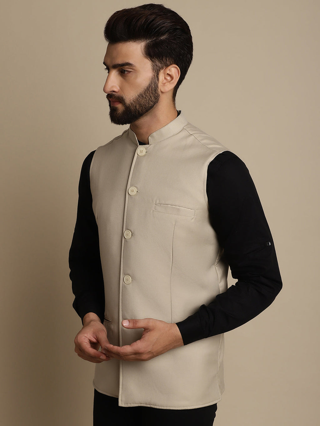 Even Apparels Men's Cream Mandarin Collar Waistcoat | Grocsy