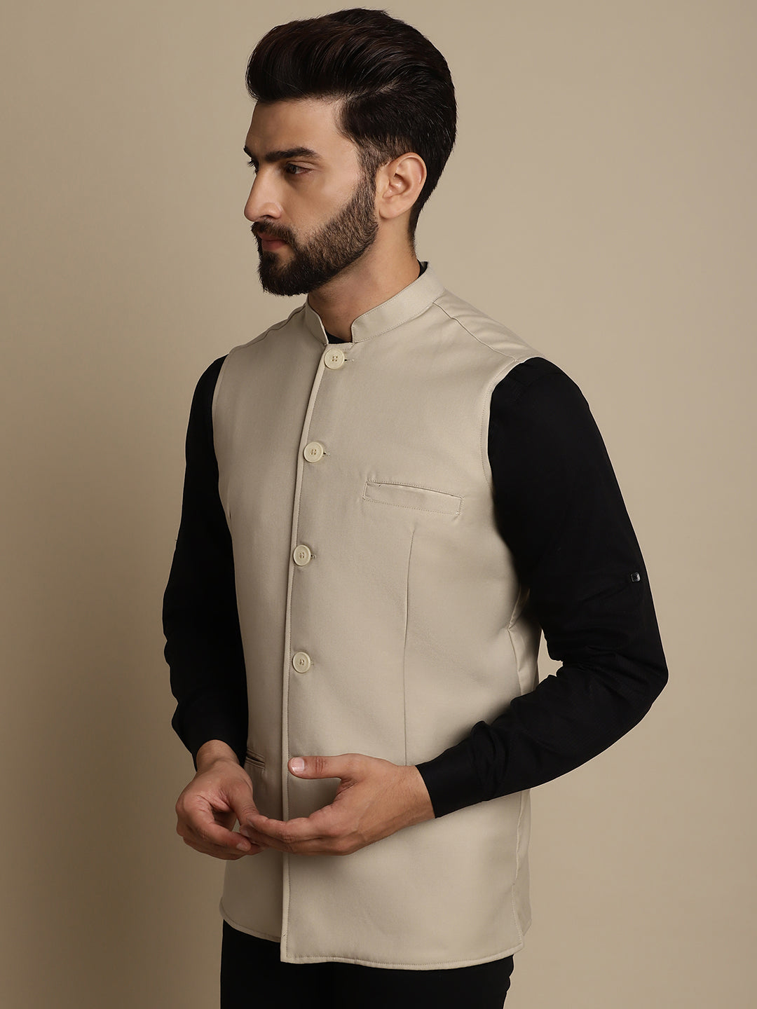 Even Apparels Men's Cream Mandarin Collar Waistcoat | Grocsy