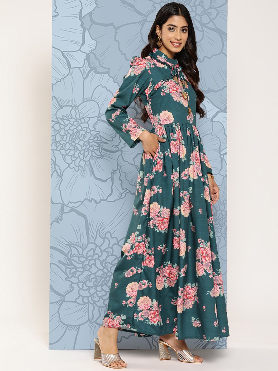 Ahalyaa Floral Print Puff Sleeves Tie-Up Neck Crepe Ethnic Gown With Cut-Out Detail | Grocsy
