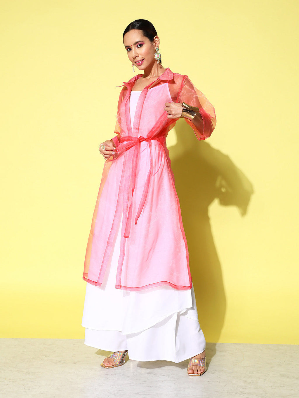 InWeave Women's Cream Strappy Kurta Set With Pink Organza Cape | Grocsy