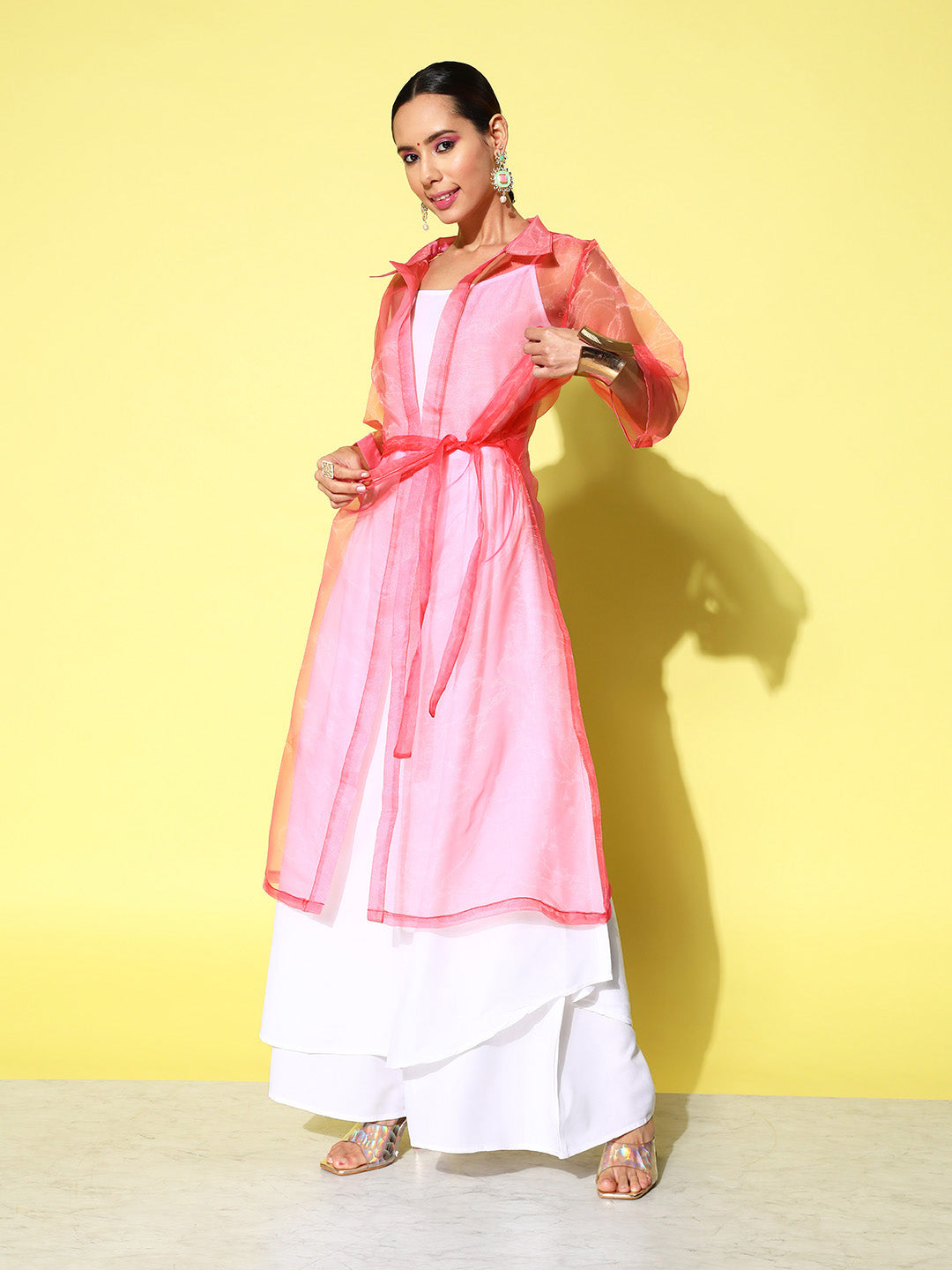 InWeave Women's Cream Strappy Kurta Set With Pink Organza Cape | Grocsy