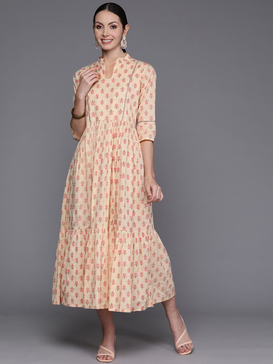 Ahalyaa Floral Print Mandarin Collar Tiered Midi Pure Cotton Ethnic Dress | Grocsy