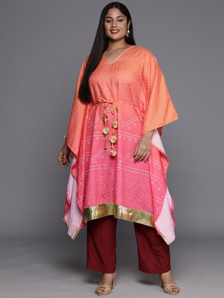 Ahalyaa Plus Size Bandhani Printed Flared Sleeves Gotta Patti Kaftan Kurta | Grocsy