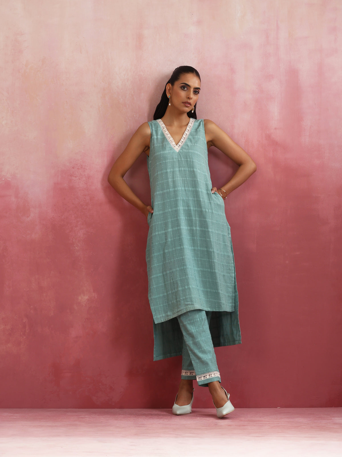 trueBrowns Aqua Blue Cotton Dobby High low Kurta Set | Grocsy
