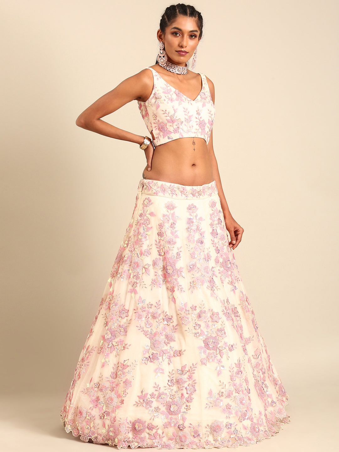House of Panchhi Cream Net Sequins with heavy Zarkan embroidery Lehenga choli & Dupatta | Grocsy