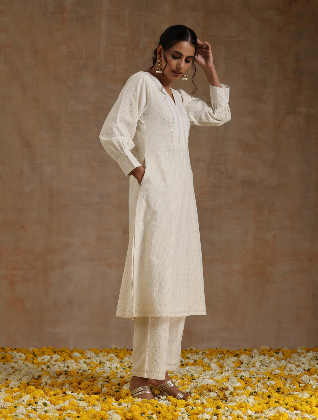 trueBrowns Ivory Gold Cotton Overlap Yoke Kurta Set | Grocsy