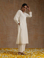trueBrowns Ivory Gold Cotton Overlap Yoke Kurta Set | Grocsy