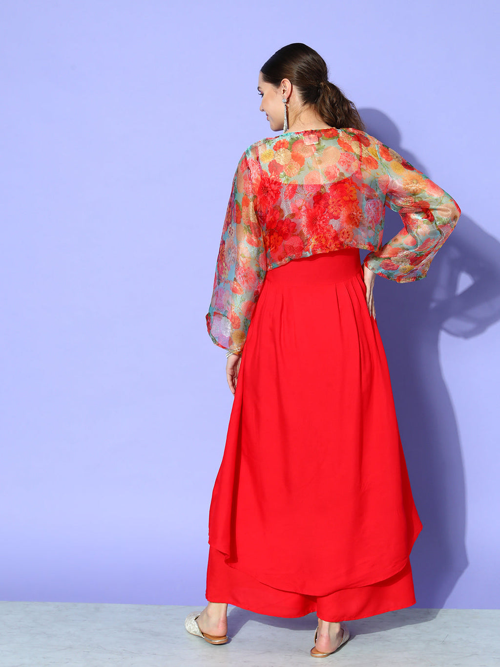 InWeave Women's Red Strappy Set With Green Floral Short Organza Cape | Grocsy