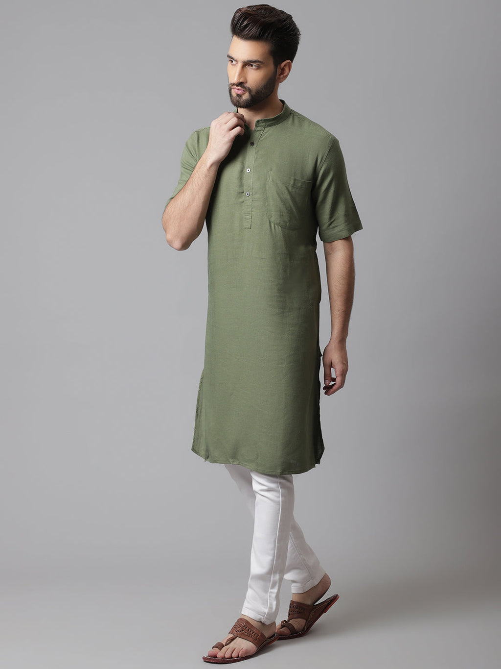 Even Apparels Green Pure Cotton Kurta With Band Collar | Grocsy