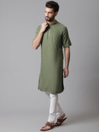 Even Apparels Green Pure Cotton Kurta With Band Collar | Grocsy