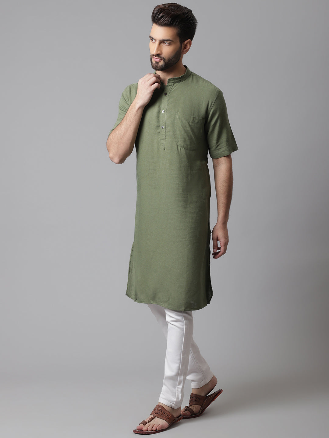 Even Apparels Green Pure Cotton Kurta With Band Collar | Grocsy