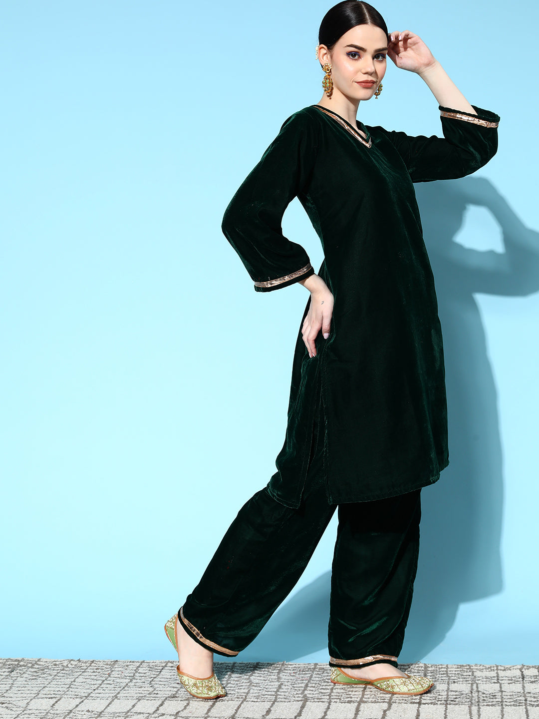 InWeave Women's Green Velvet Kurta Set With Teal Gold Check Dupatta | Grocsy