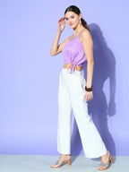 InWeave Women's Camel Brown Cream Pant Coord Set With Mauve Crop Top | Grocsy